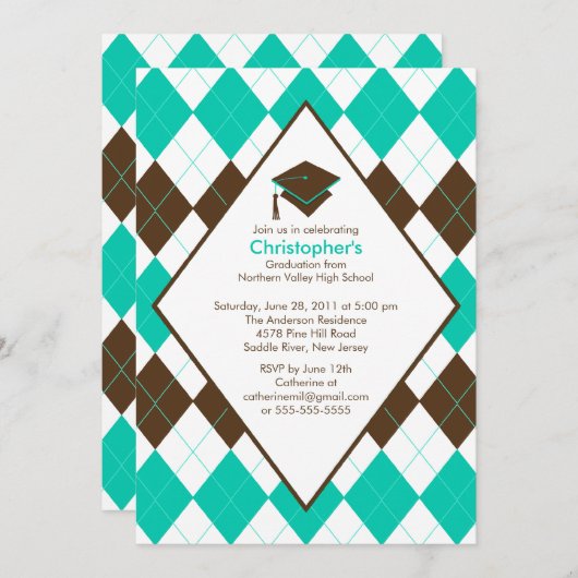 Afstuderen Invitation Prep Brown Turquoise Argyle Kaart (Voorkant / Achterkant)