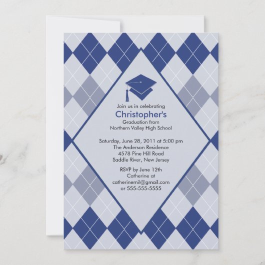 Afstuderen Invitation Preppy Blue Argyle Kaart (Voorkant)