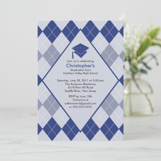 Afstuderen Invitation Preppy Blue Argyle Kaart (Staand voorkant)