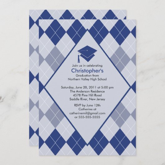 Afstuderen Invitation Preppy Blue Argyle Kaart (Voorkant / Achterkant)