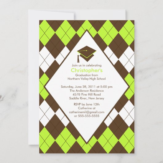 Afstuderen Invitation Preppy Brown & Green Argyle Kaart (Voorkant)