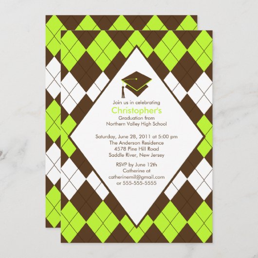 Afstuderen Invitation Preppy Brown & Green Argyle Kaart (Voorkant / Achterkant)