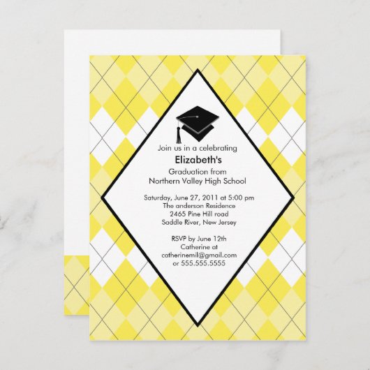 Afstuderen Invitation Preppy Yellow Argyle Uitnodiging Briefkaart (Voorkant / Achterkant)