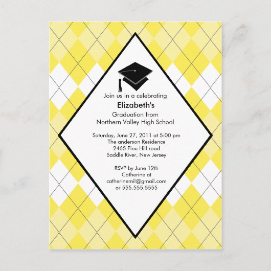Afstuderen Invitation Preppy Yellow Argyle Uitnodiging Briefkaart (Voorkant)