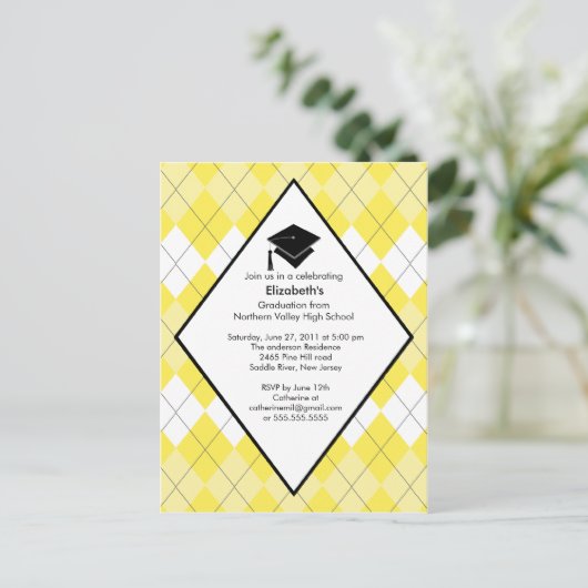 Afstuderen Invitation Preppy Yellow Argyle Uitnodiging Briefkaart (Staand voorkant)