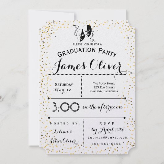 Afstuderen Invitation Theater Major Gold en Black Kaart (Voorkant)
