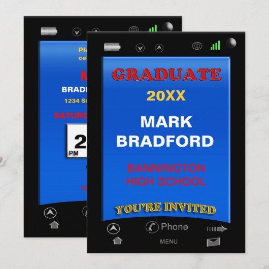 AFSTUDEREN-INVITITATIE - TELEFOON, naam/jaartussen Kaart (Voorkant / Achterkant)