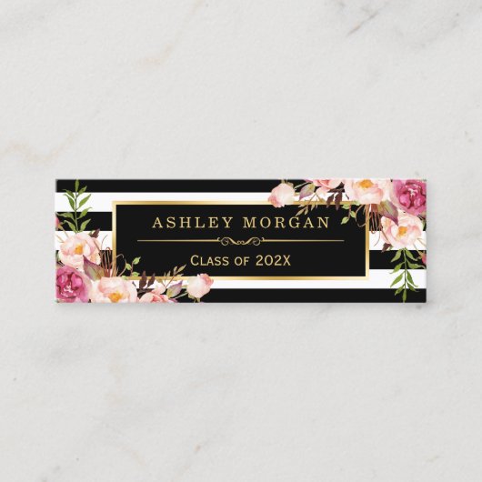 Afstuderen Invoegen Kaart Floral Black White Strip Contactkaartje (Voorkant)