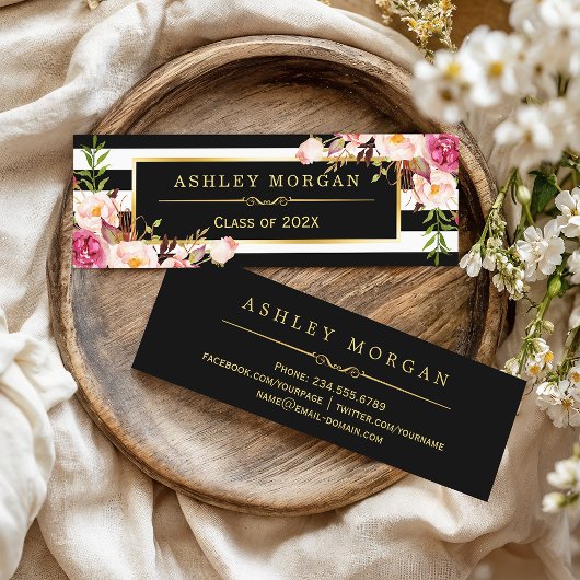 Afstuderen Invoegen Kaart Floral Black White Strip Contactkaartje