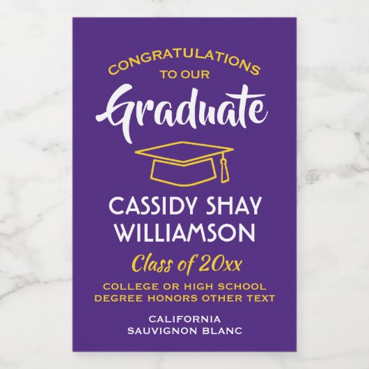 Afstuderen is een moderne Paarse goudgele mini Wijn Etiket (Enkel label)