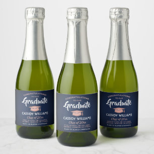 Afstuderen is marineblauw en roze mini gesplitst sparkling wijnetiket