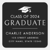 Afstuderen jaar graduatie cap zwart retouradres vierkante sticker (Voorkant)