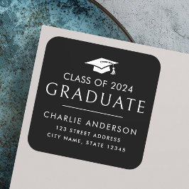Afstuderen jaar graduatie cap zwart retouradres vierkante sticker