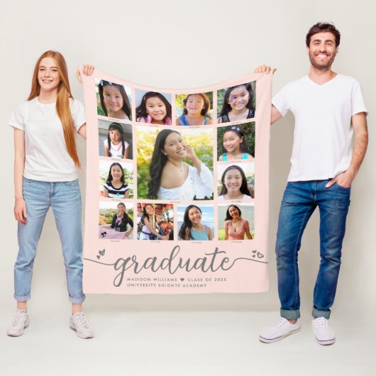 Afstuderen K–12 Blush Pink Script Fotocollage Fleece Deken (In situ)