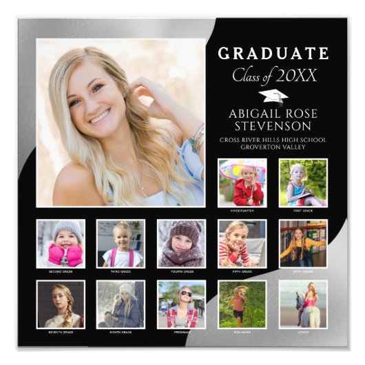 Afstuderen K-12 Foto Collage Black, geborsteld zil Foto Afdruk (Voorkant)