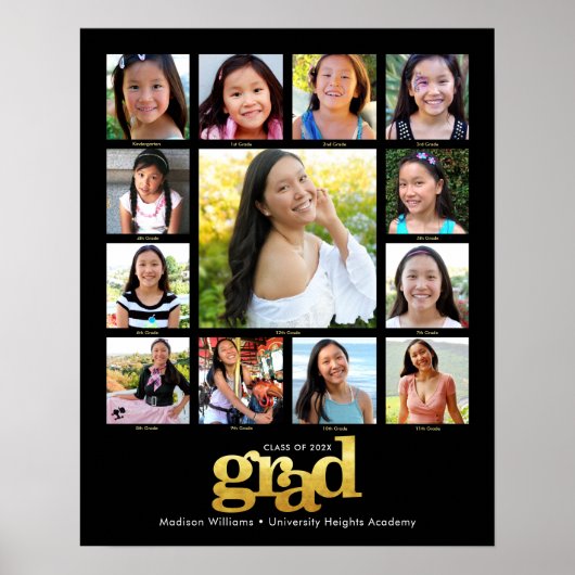 Afstuderen K-12 Foto Collage Modern Black Gold Poster (Voorkant)