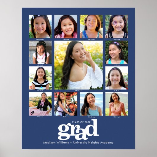 Afstuderen K-12 Foto Collage Modern Bold Blue Poster (Voorkant)