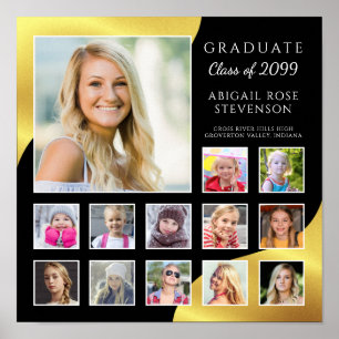 Afstuderen K-12 Fotocollage Zwart Faux Gold Foil Poster