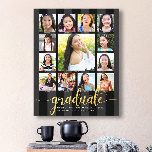 Afstuderen K-12 Fotocollage Zwart Goud Script Canvas Afdruk