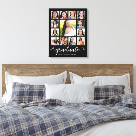 Afstuderen K-12 Modern Script Photo Collage Black Canvas Afdruk (Insitu (Slaapkamer))