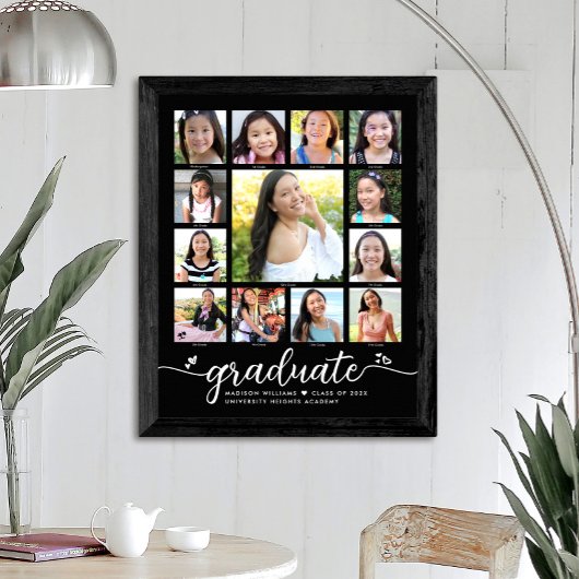 Afstuderen K-12 Modern Script Photo Collage Black Poster