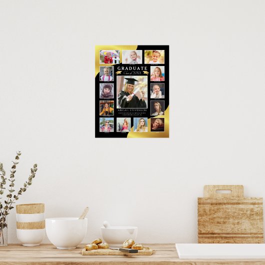 Afstuderen K-12 Photo Collage Black Gold Metallic Poster (Keuken)
