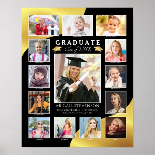 Afstuderen K-12 Photo Collage Black Gold Metallic Poster (Voorkant)