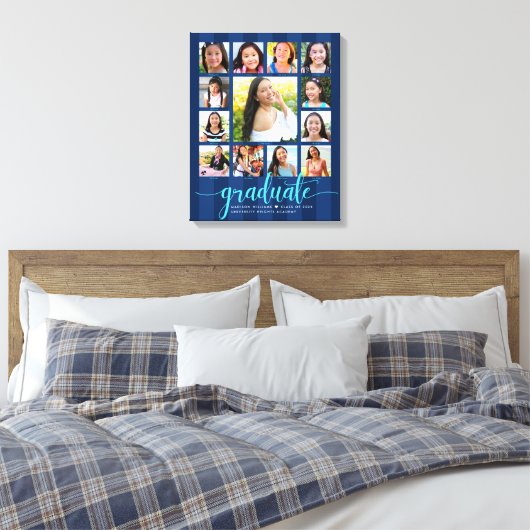 Afstuderen K-12 Photo Collage Navy Blue Script Canvas Afdruk (Insitu (Slaapkamer))