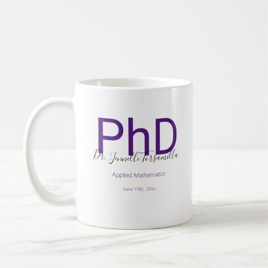 Afstuderen Keepsake Zwart Paarse naam PhD Afstuder Koffiemok (Links)
