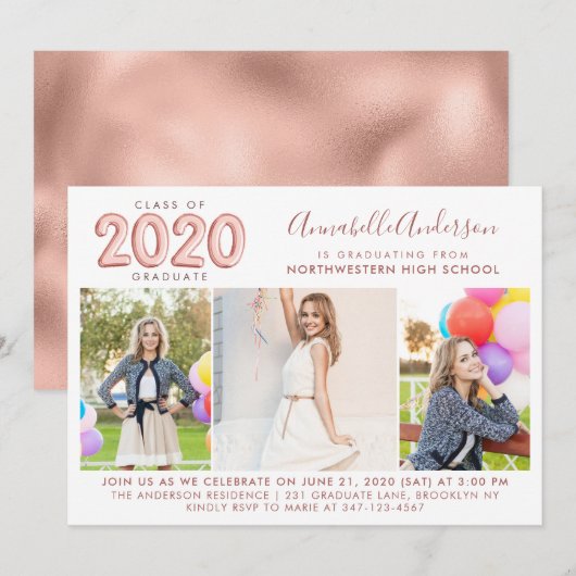 Afstuderen Klasse 2020 Roos Gold Ballon Afstuderen Kaart (Voorkant / Achterkant)