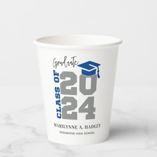 Afstuderen Klasse van 2024 Blauw en Grijs Papieren Bekers (Voorkant)