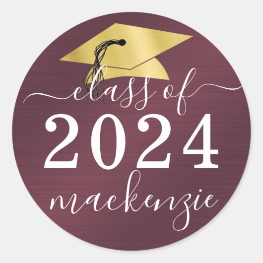 Afstuderen klasse van Metallic Script Maroon Ronde Sticker (Voorkant)