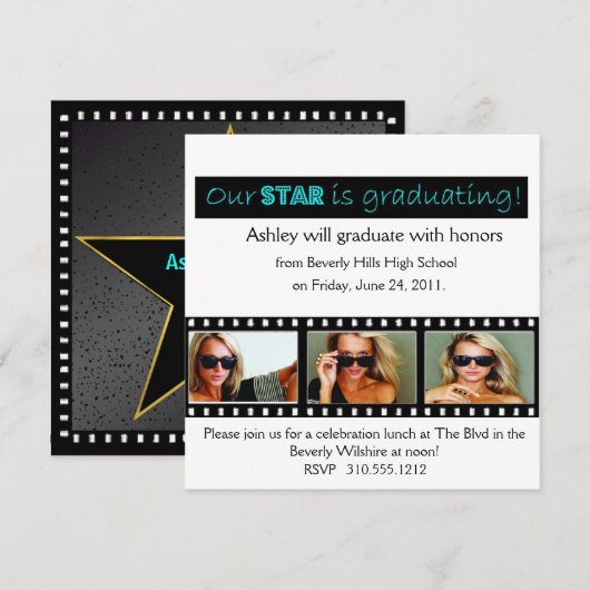 Afstuderen kondiging Hollywood Star Aqua Kaart (Voorkant / Achterkant)