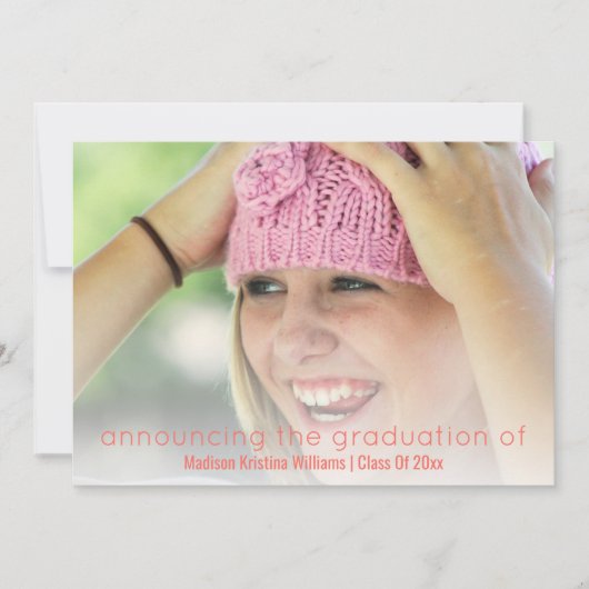 Afstuderen Koraal Roze Eenvoudige witte bekledings Aankondiging (Voorkant)