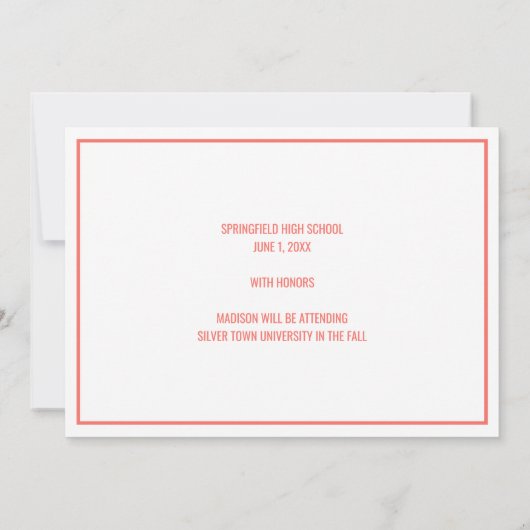 Afstuderen Koraal Roze Eenvoudige witte bekledings Aankondiging (Achterkant)