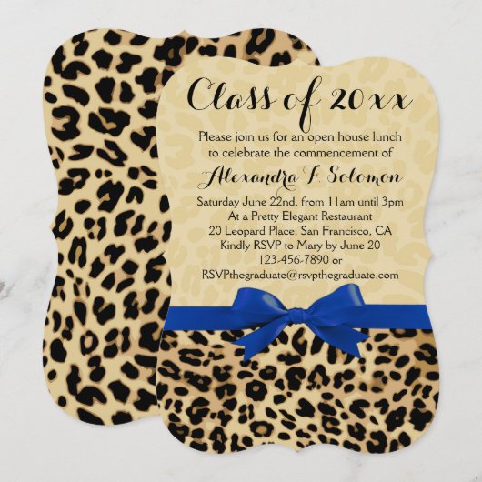 Afstuderen Leopard Blue Bow/Party Invitation Kaart (Voorkant / Achterkant)