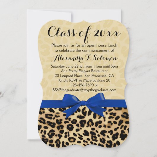 Afstuderen Leopard Blue Bow/Party Invitation Kaart (Voorkant)