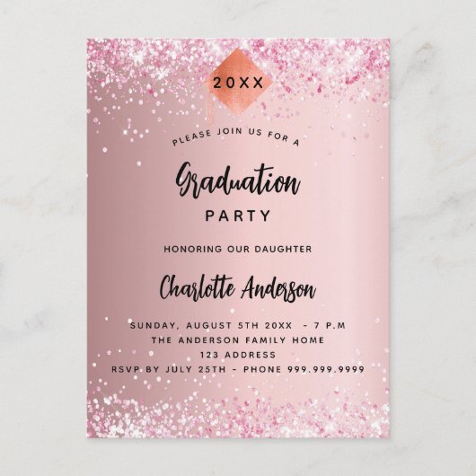 Afstuderen lichtroze glitter uitnodiging briefkaart (Voorkant)