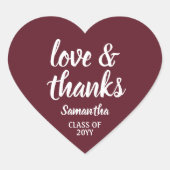 Afstuderen Liefde & Bedankt Maroon & Wit Elegant Hart Sticker (Voorkant)