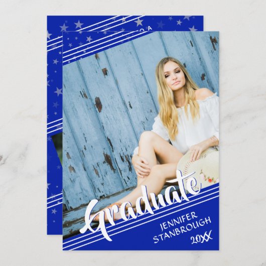 Afstuderen, lijnen en sterren | Royal Blue en Whit Kaart (Voorkant / Achterkant)