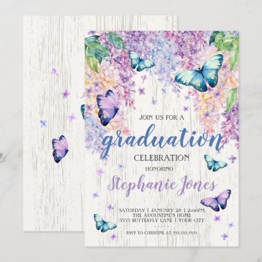 Afstuderen Lilacs en Butterfly Invitation Kaart (Voorkant / Achterkant)