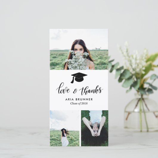 Afstuderen Love & Bedankt Three Photo Modern Aankondiging (Staand voorkant)