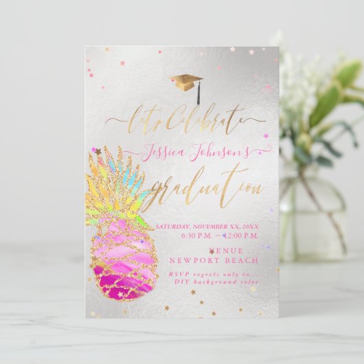 Afstuderen Luau, ananas Glittering, Roze Kaart (Staand voorkant)