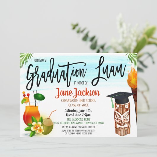 Afstuderen Luau - Uitnodiging tot feestvieren (Staand voorkant)