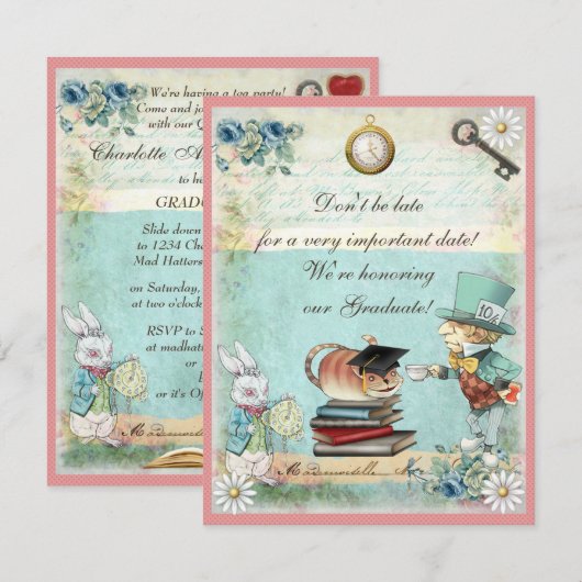 Afstuderen Mad Hatter Tea Party Kaart (Voorkant / Achterkant)