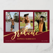 Afstuderen Manuscript 3 Foto's Burgundy Afstuderen Folie Uitnodiging (Voorkant)