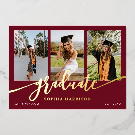 Afstuderen Manuscript 3 Foto's Burgundy Afstuderen Folie Uitnodiging (Voorkant)