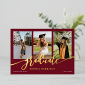 Afstuderen Manuscript 3 Foto's Burgundy Afstuderen Folie Uitnodiging (Staand Voorkant)