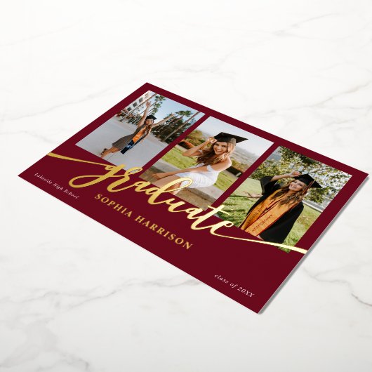 Afstuderen Manuscript 3 Foto's Burgundy Afstuderen Folie Uitnodiging (Gedraaid)