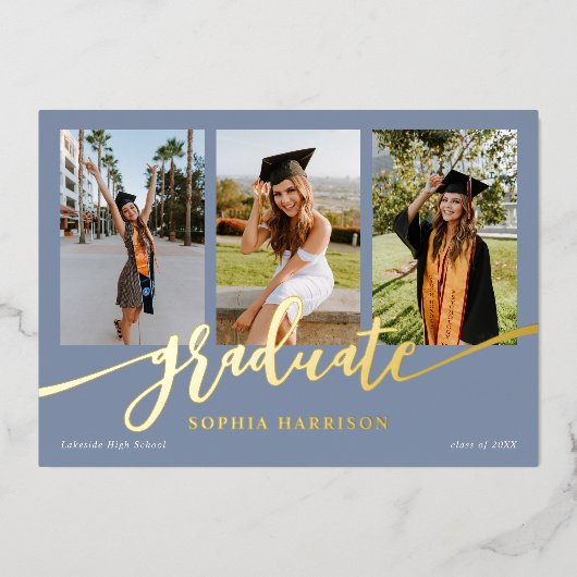 Afstuderen Manuscript 3 Foto's Dusty Blue Afstuder Folie Uitnodiging (Voorkant)